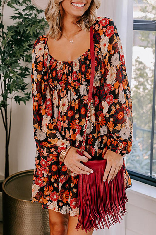 Multicolour Smocked High Waist Long Sleeve Floral Dress - L & M Kee, LLC