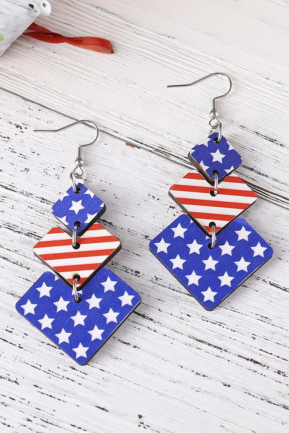 Dark Blue Geometric Wooden Star Stripe Flag Dangle Earrings - L & M Kee, LLC