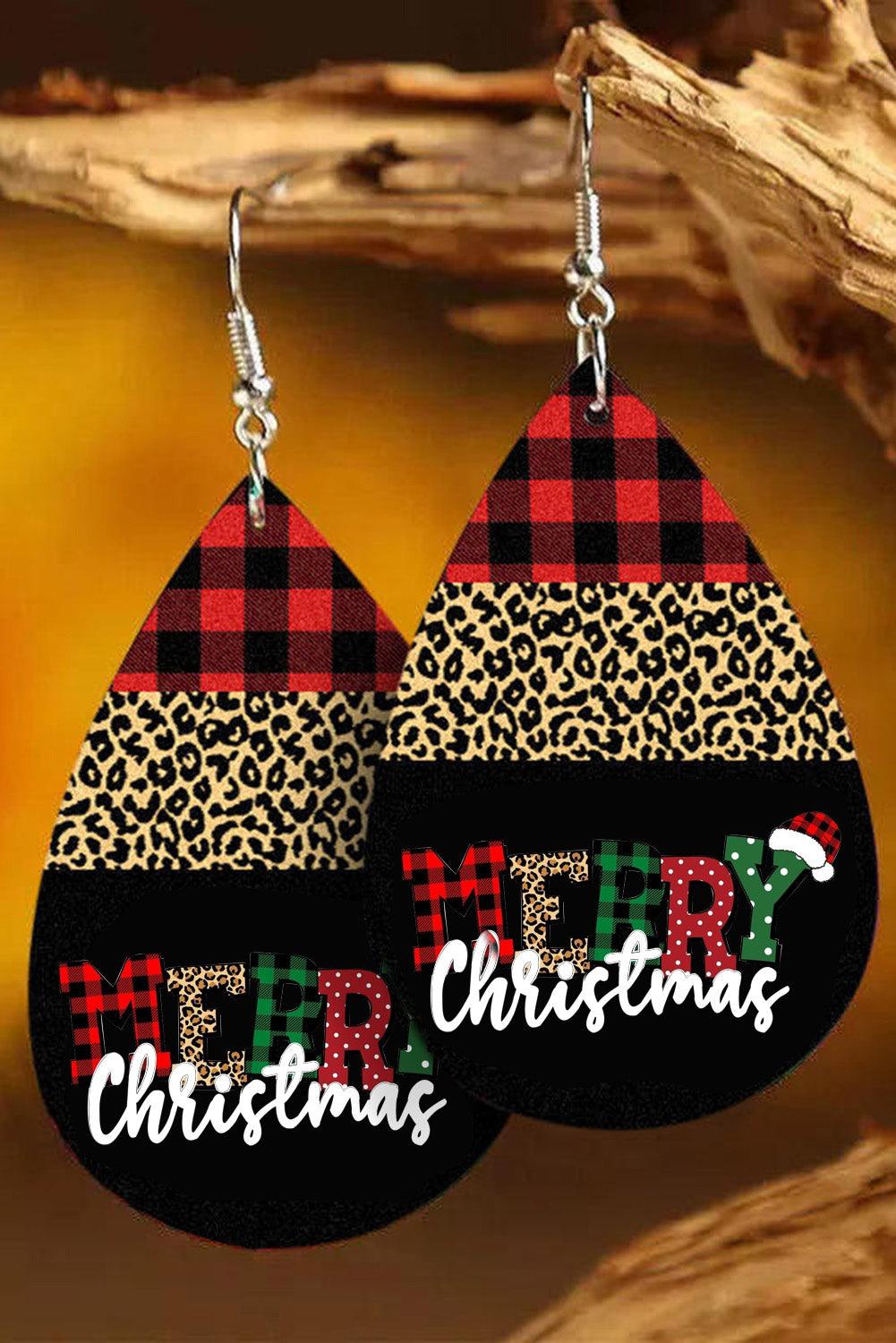 Black Merry Christmas Leopard Plaid Drop Earrings - L & M Kee, LLC