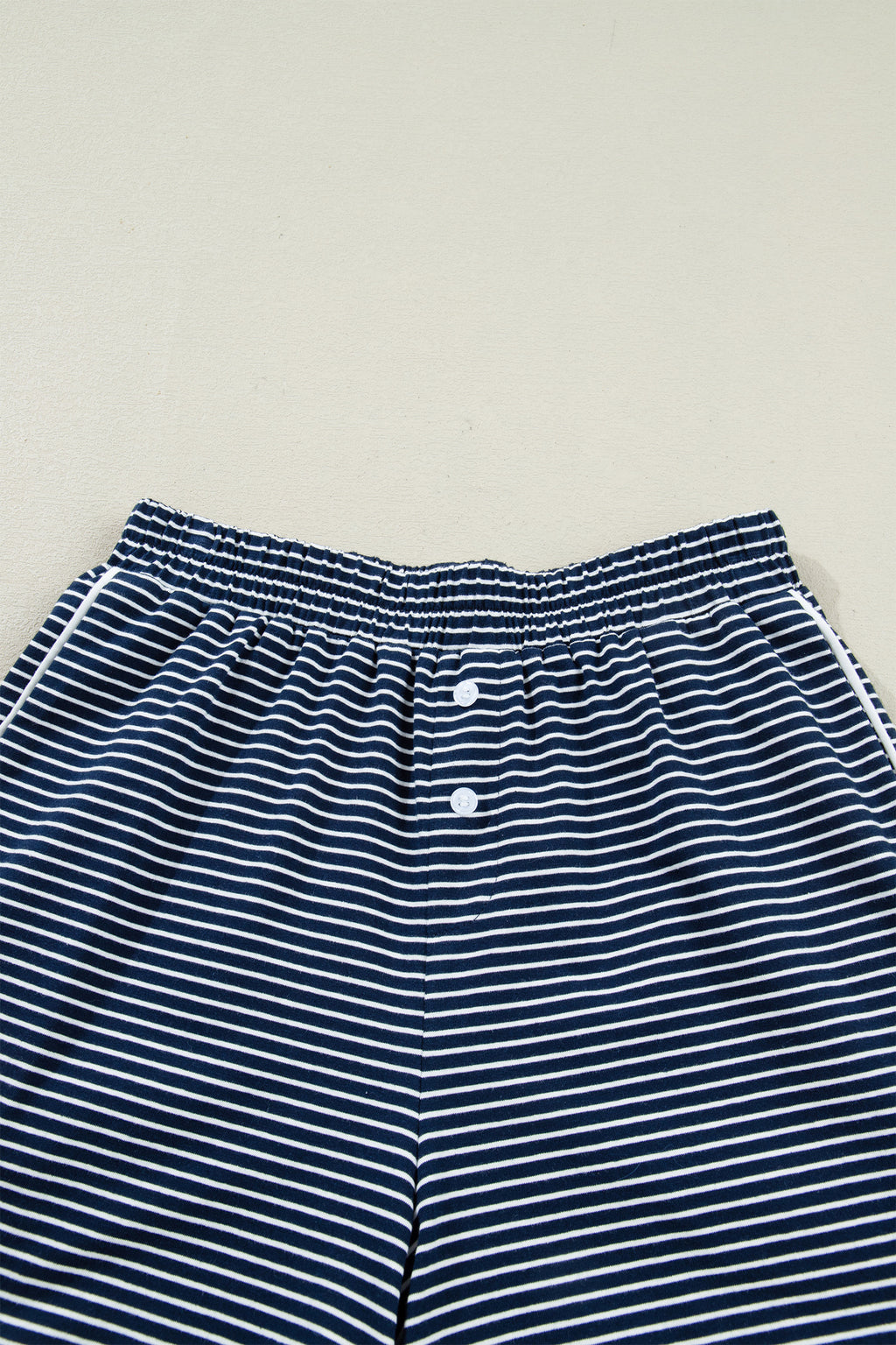 Blue Stripe Drop Shoulder Round Neck Long Sleeve Tee and Buttoned Shorts 2pcs Lounge Set