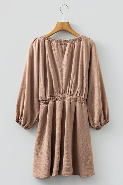 Smoke Gray Deep V Neck Bubble Sleeve Smocked Mini Dress