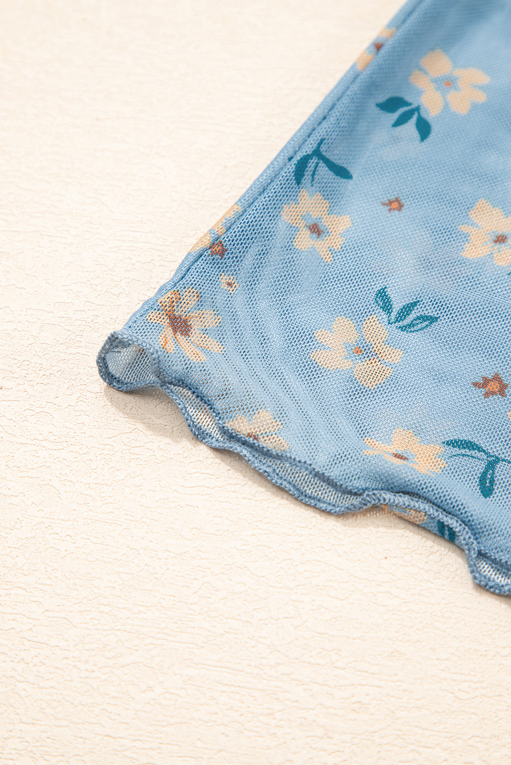 Sky Blue Vintage Floral Print Southern Style Mesh Long Sleeve Top