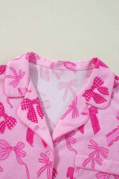 Pink Bow Print Half Sleeve Shirt and Shorts Pajamas Set