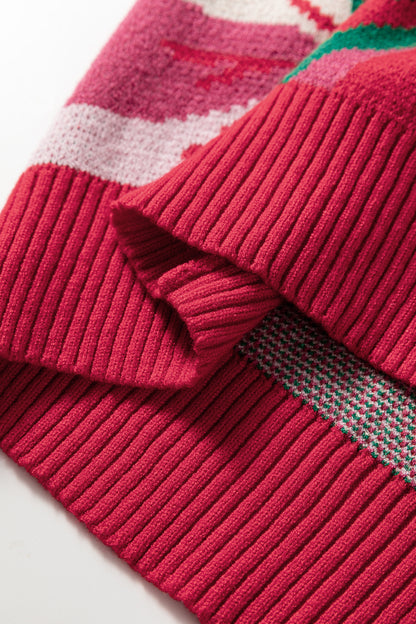 Red Floral Abstract Print Short Puff Sleeve Sweater