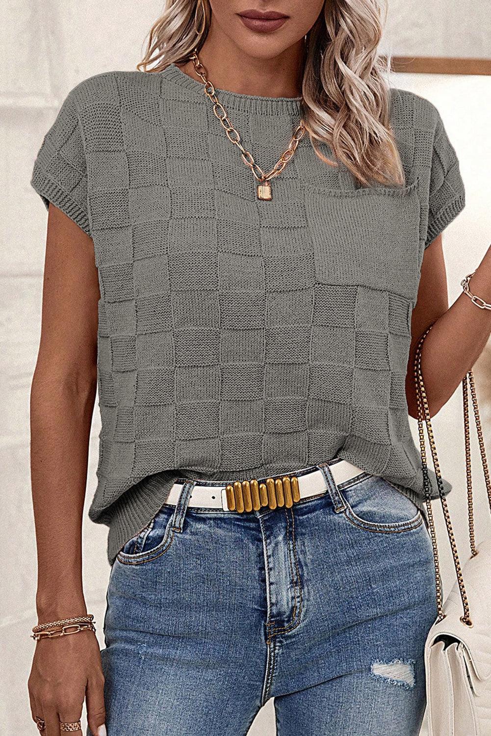 Gray Lattice Textured Knit Short Sleeve Sweater - L & M Kee, LLC