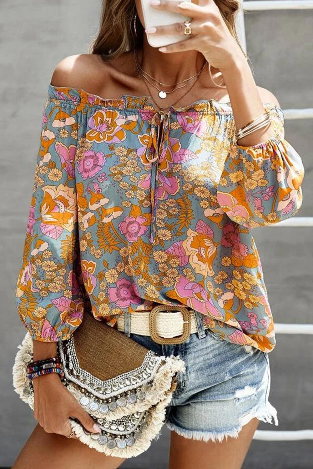 Blue Frilled Off Shoulder Floral Blouse - L & M Kee, LLC