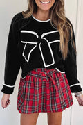 Black Contrast Trim Big Bow Accent Holiday Cropped Sweater