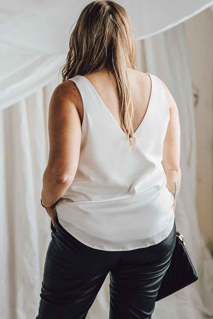 White V Neck Open Back Sleeveless Plus Size Top - L & M Kee, LLC