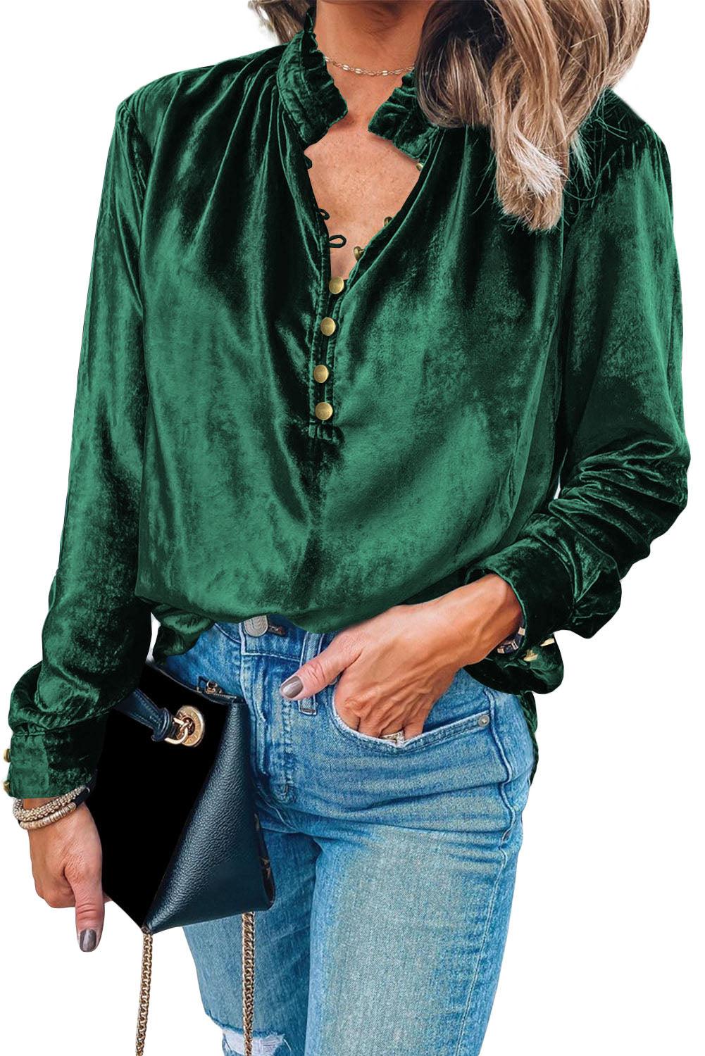 Green Frilled Neck Buttoned Front Velvet Top - L & M Kee, LLC