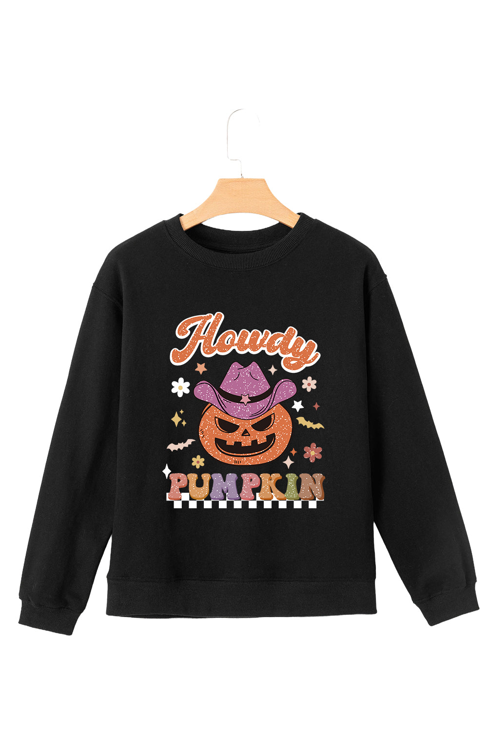 Black Halloween Howdy PUMPKIN Print Crew Neck Pullover Sweatshirt