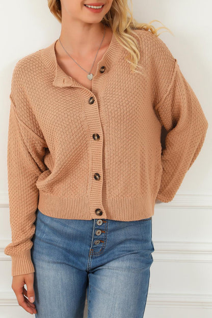 Khaki Button Front Drop Shoulder Knitted Cardigan - L & M Kee, LLC