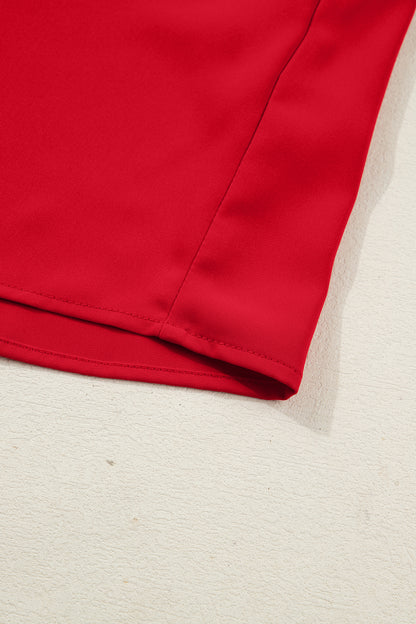 Fiery Red Frilled Trim Button Up Pleated Long Sleeve Shirt