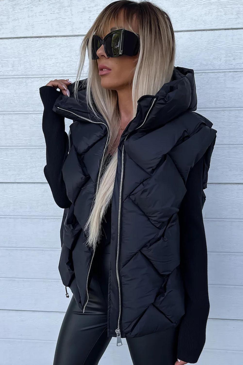 Black Quilted Zipper Front Hooded Vest Coat - L & M Kee, LLC