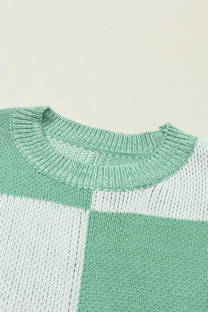 Mint Green Checkered Print Drop Shoulder Sweater - L & M Kee, LLC