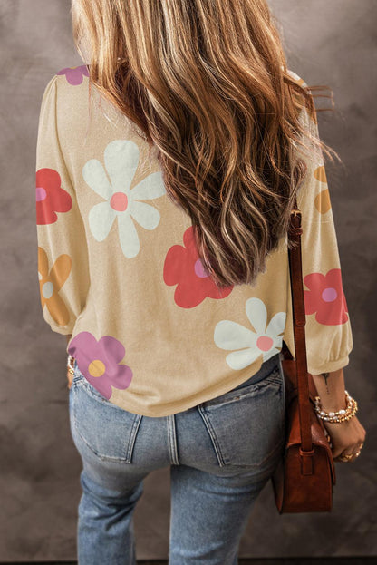 Apricot Cute Flower Print Bracelet Sleeve Top - L & M Kee, LLC