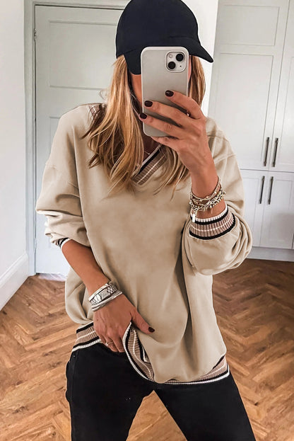 Navy Blue Varsity Contrast Striped Trim V Neck Sweatshirt