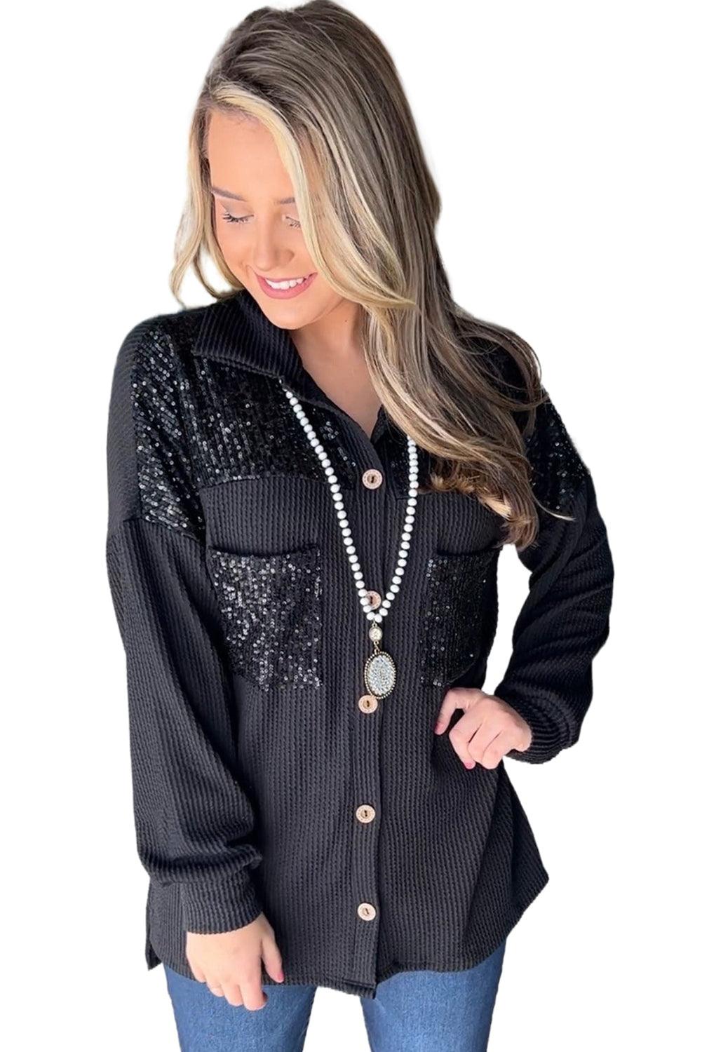 Black Sequin Patch Chest Pocket Corded Shacket - L & M Kee, LLC