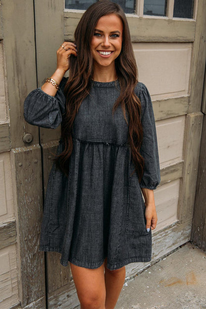 Black Balloon Sleeve High Waist Denim Dress - L & M Kee, LLC