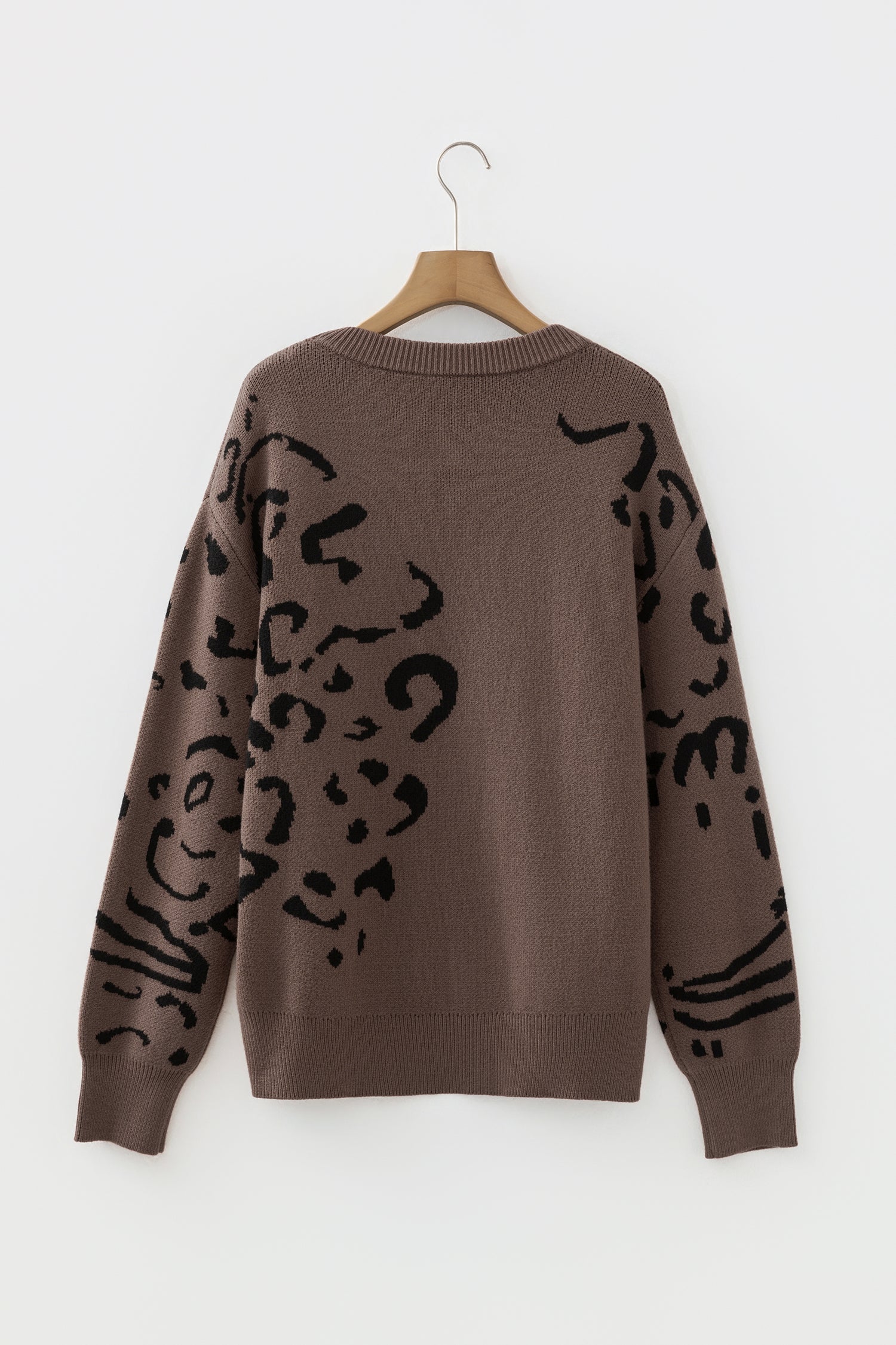 Camel Asymmetric Leopard Print Detail Drop Shoulder Sweater
