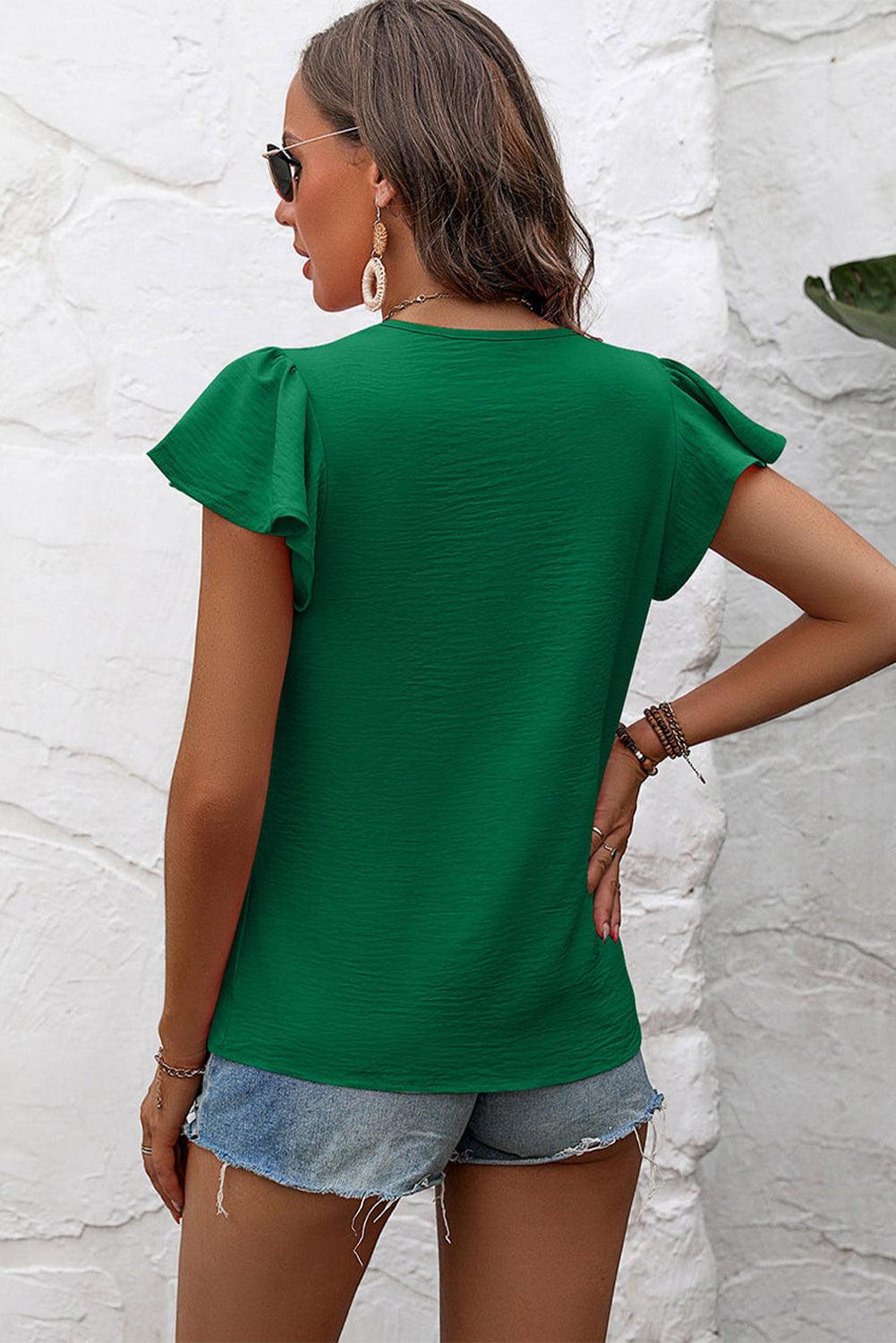 Dark Green Solid Color Textured Pleated Flutter Sleeve Blouse - L & M Kee, LLC