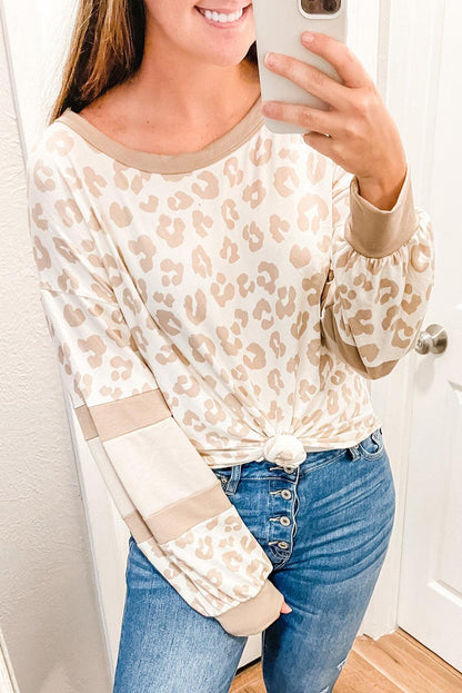 Bright White Leopard Print Round Neck Puff Sleeve Top - L & M Kee, LLC