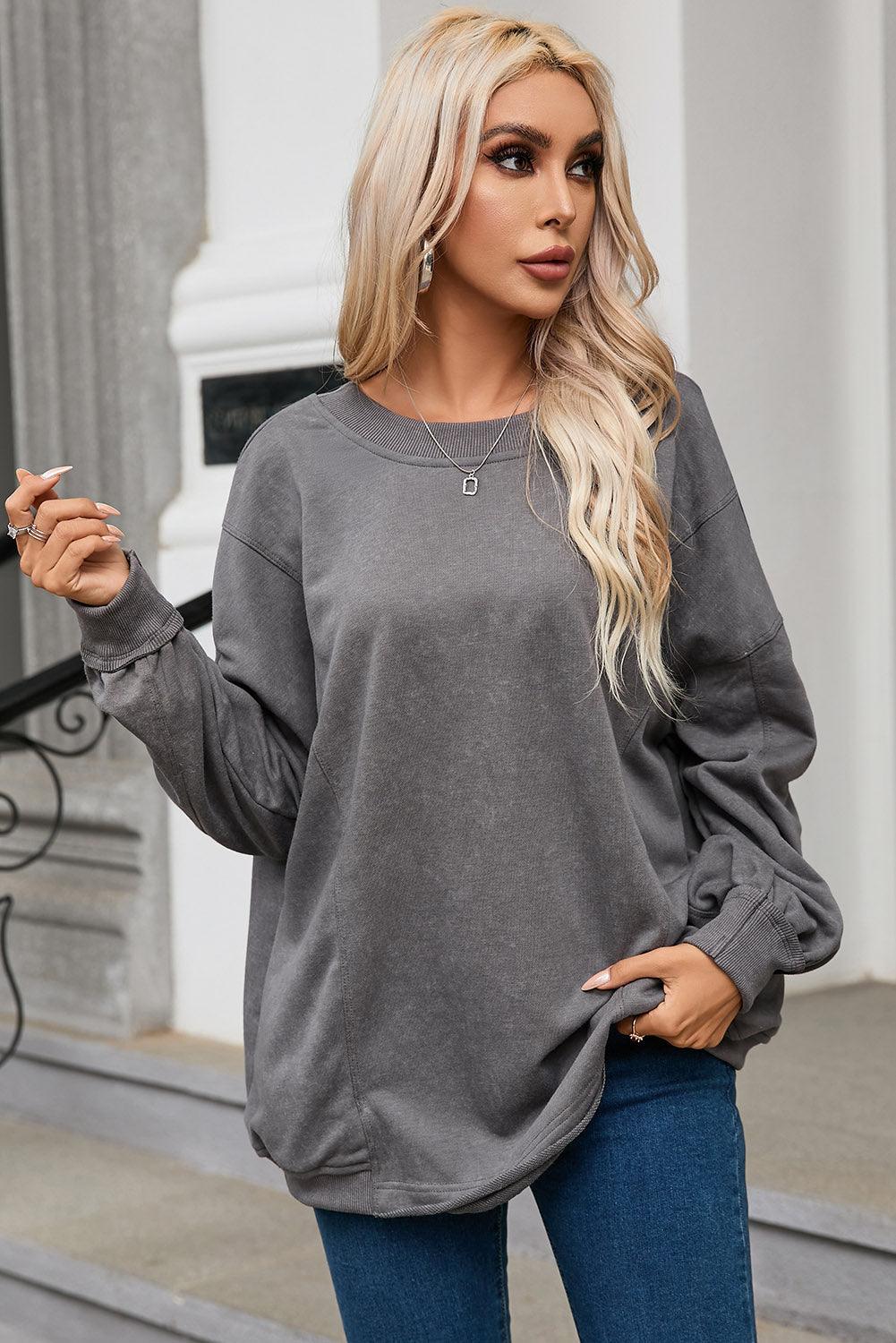 Gray Exposed Seam Twist Open Back Oversized Sweatshirt - L & M Kee, LLC