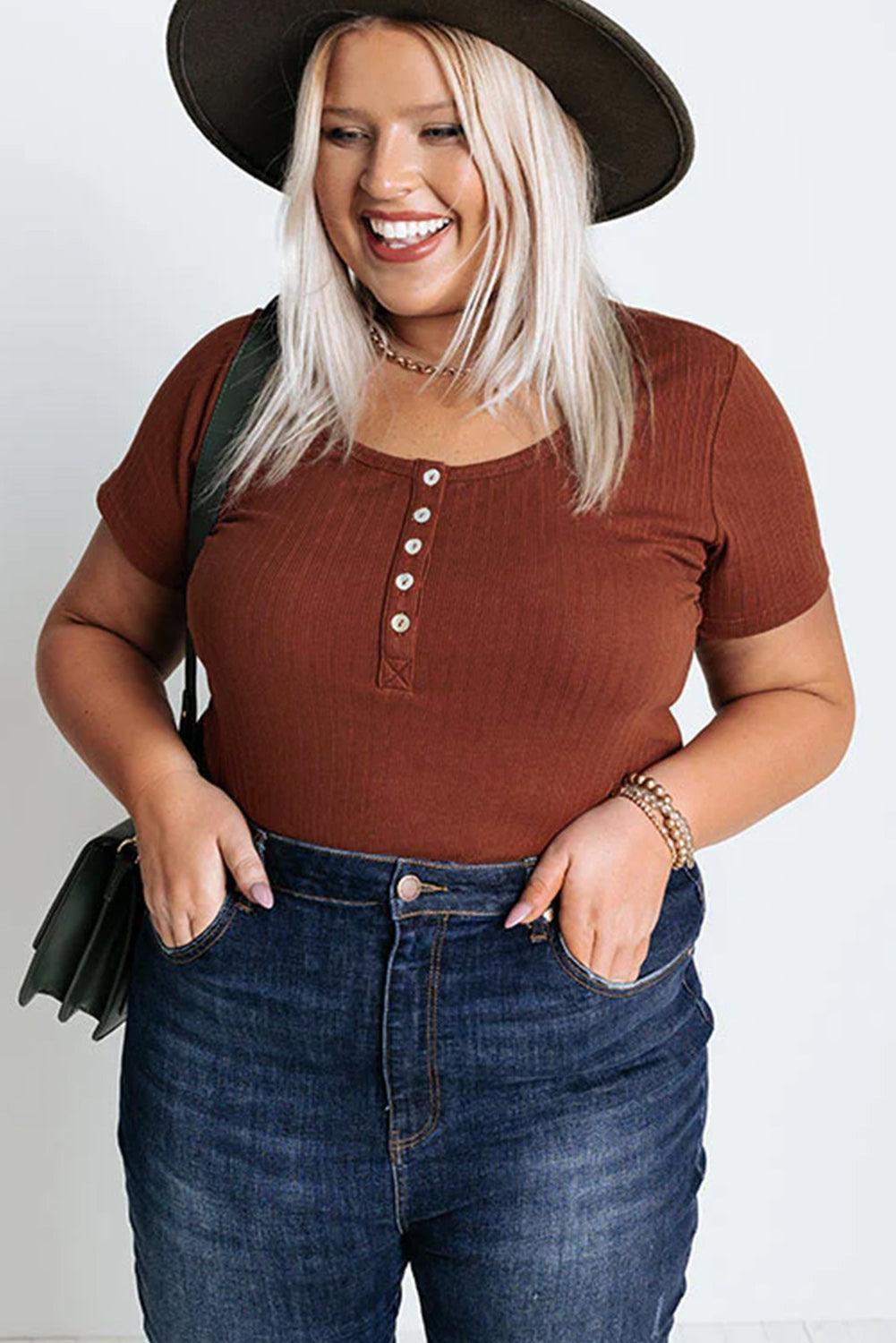 Chestnut Plus Size Ribbed Knit Henley Tee - L & M Kee, LLC