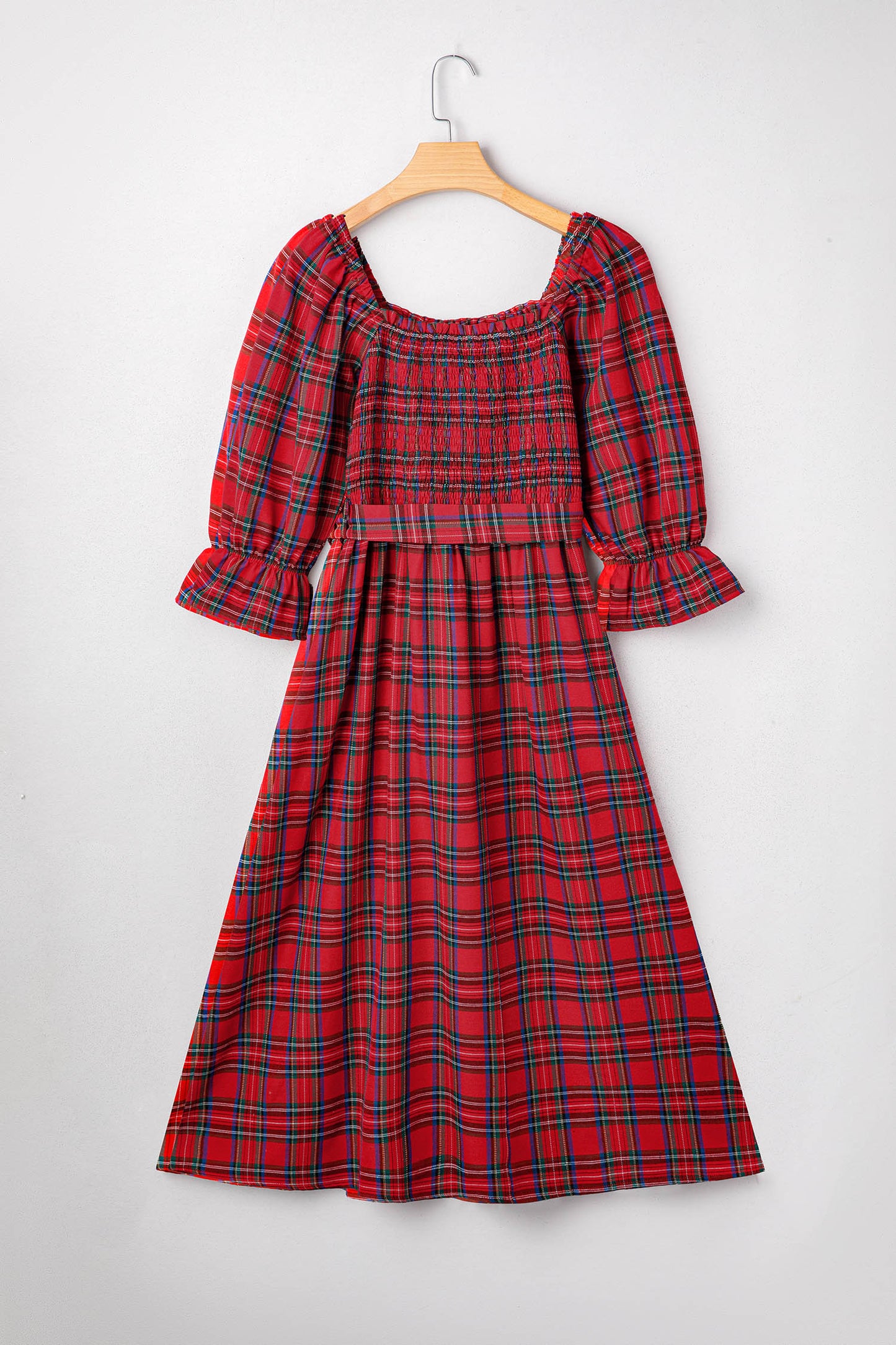 Red Tartan Plaid Square Neck Puff Sleeve Knot Waist Flared Midi Dress