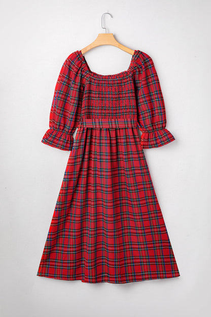 Red Tartan Plaid Square Neck Puff Sleeve Knot Waist Flared Midi Dress