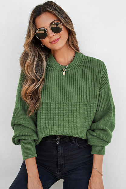 Vineyard Green Solid Color Mixed Textured Knitted Crew Neck Sweater