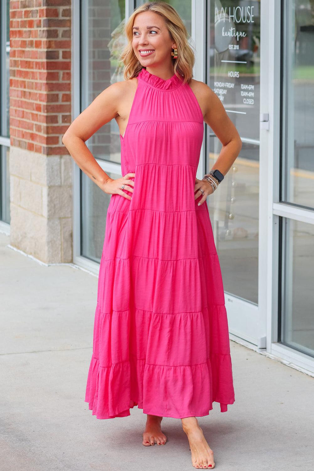 Rose Red High Frilled Neck Tiered Sleeveless Maxi Dress - L & M Kee, LLC