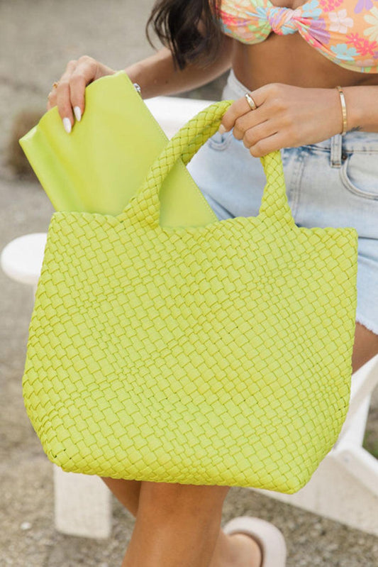 Pear Green Woven Hand Bag with Pouch