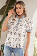 White Floral Print Striped Patchwork Button Neck Short Sleeve Blouse