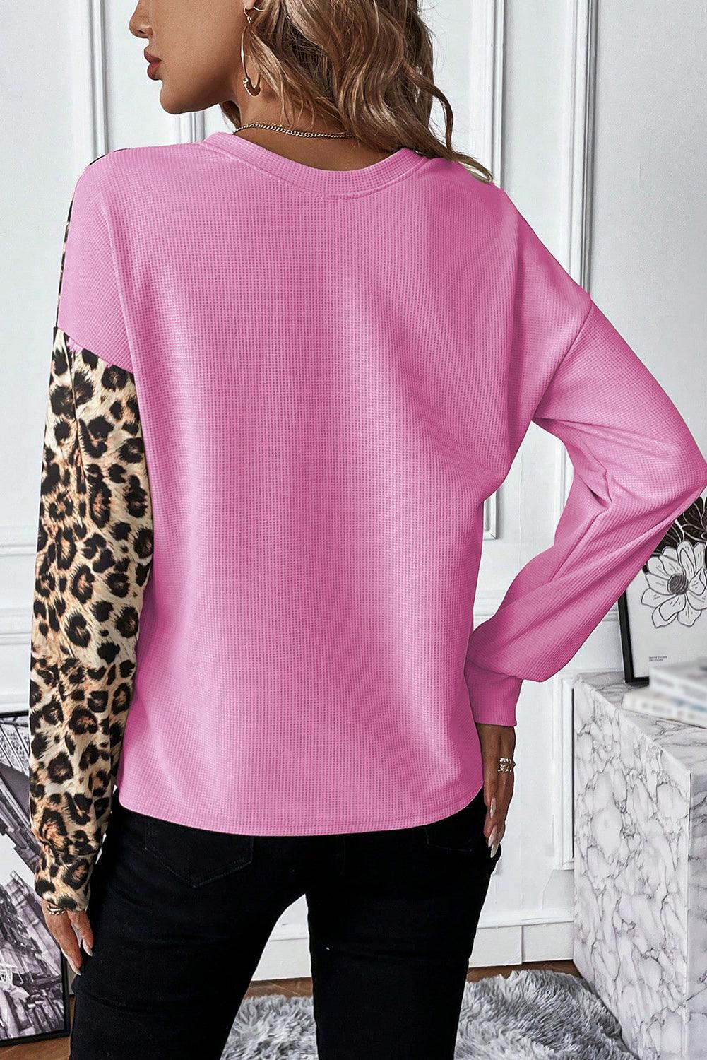 Bonbon Leopard Colorblock Waffle Knit Top - L & M Kee, LLC