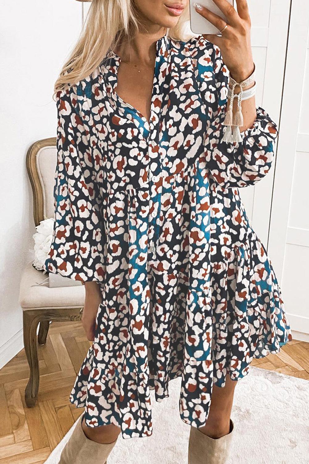 Blue Leopard Print Bubble Sleeve Ruffled Shirt Dress - L & M Kee, LLC