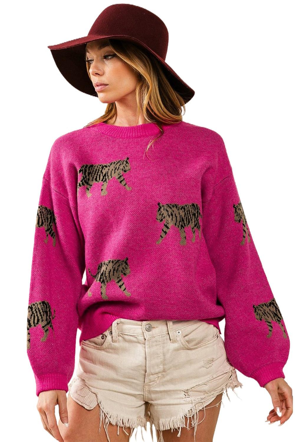 Rose Red Fierce Animal Pattern Casual Knitted Sweater - L & M Kee, LLC