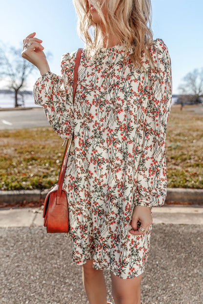 White Floral Printed Long Sleeve Mini Dress