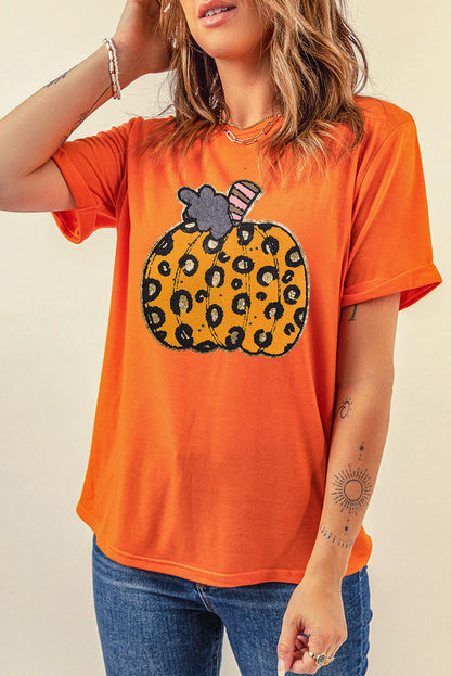 Orange Halloween Leopard Pumpkin Crew Neck Graphic Tee