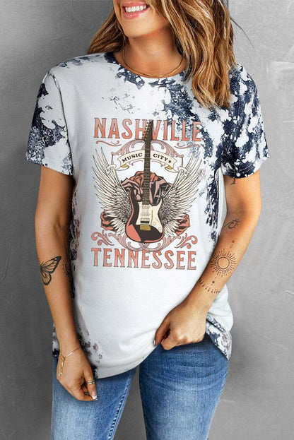 Gray Tie Dye NASHVILLE TENNESSEE Guitar Graphic T-shirt - L & M Kee, LLC