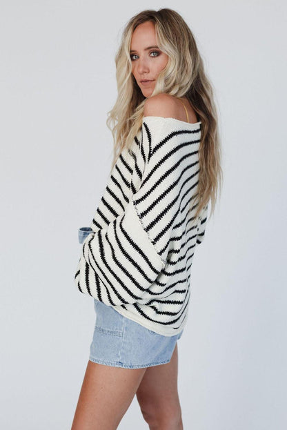 Yellow Striped Drop Shoulder Oversized Sweater - L & M Kee, LLC