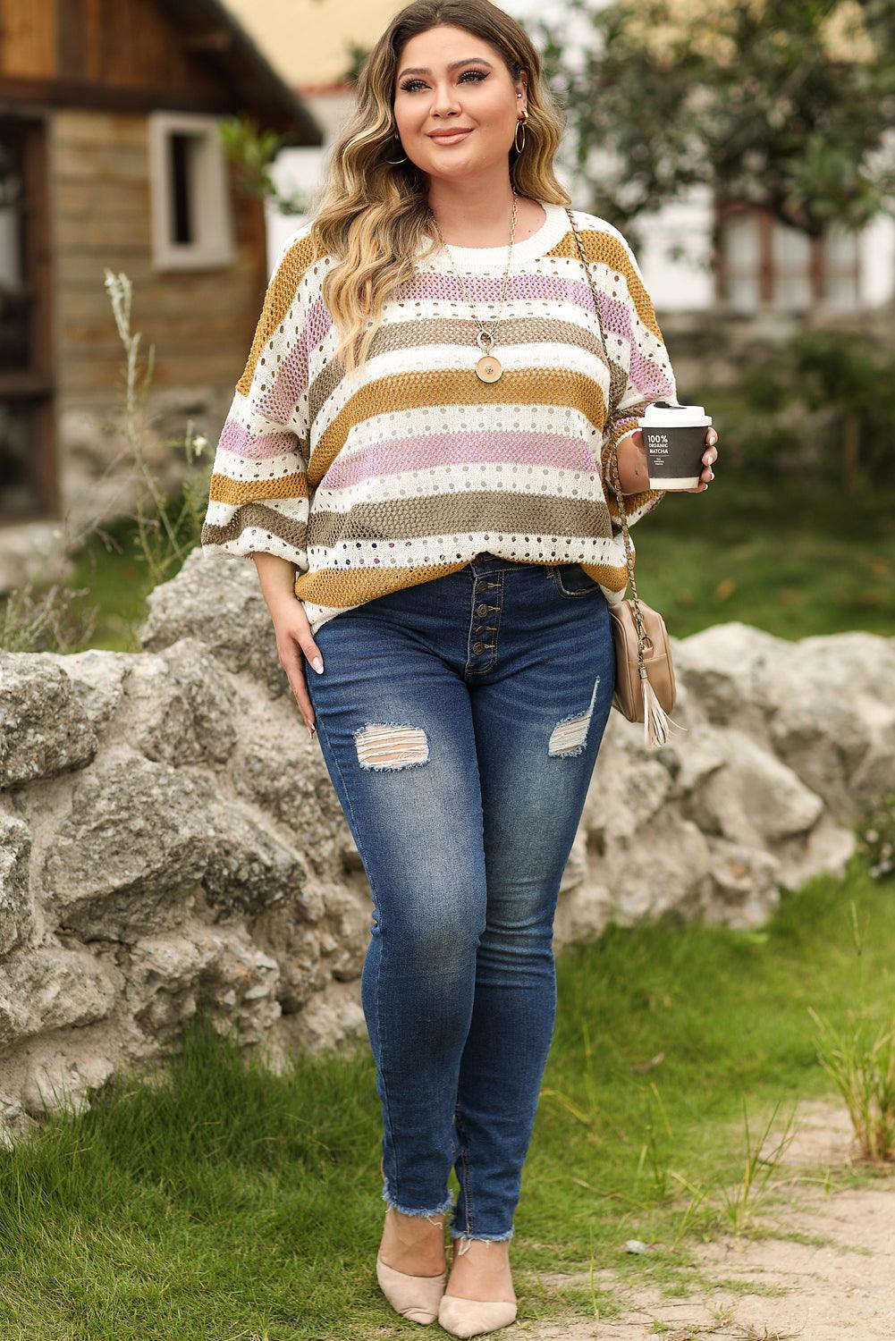 Multicolor Plus Size Striped Hollowed Knitted Loose Sweater - L & M Kee, LLC