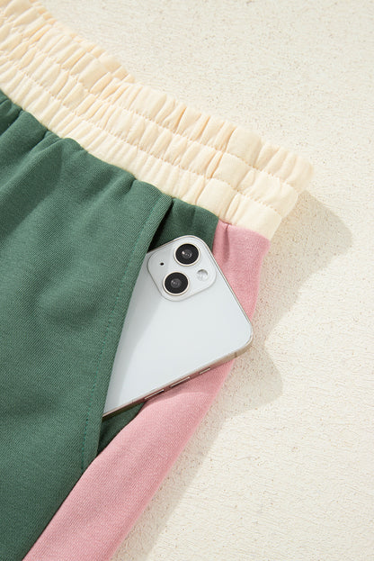 Rose Red 2pcs Color Block Pullover Loose Pant Set