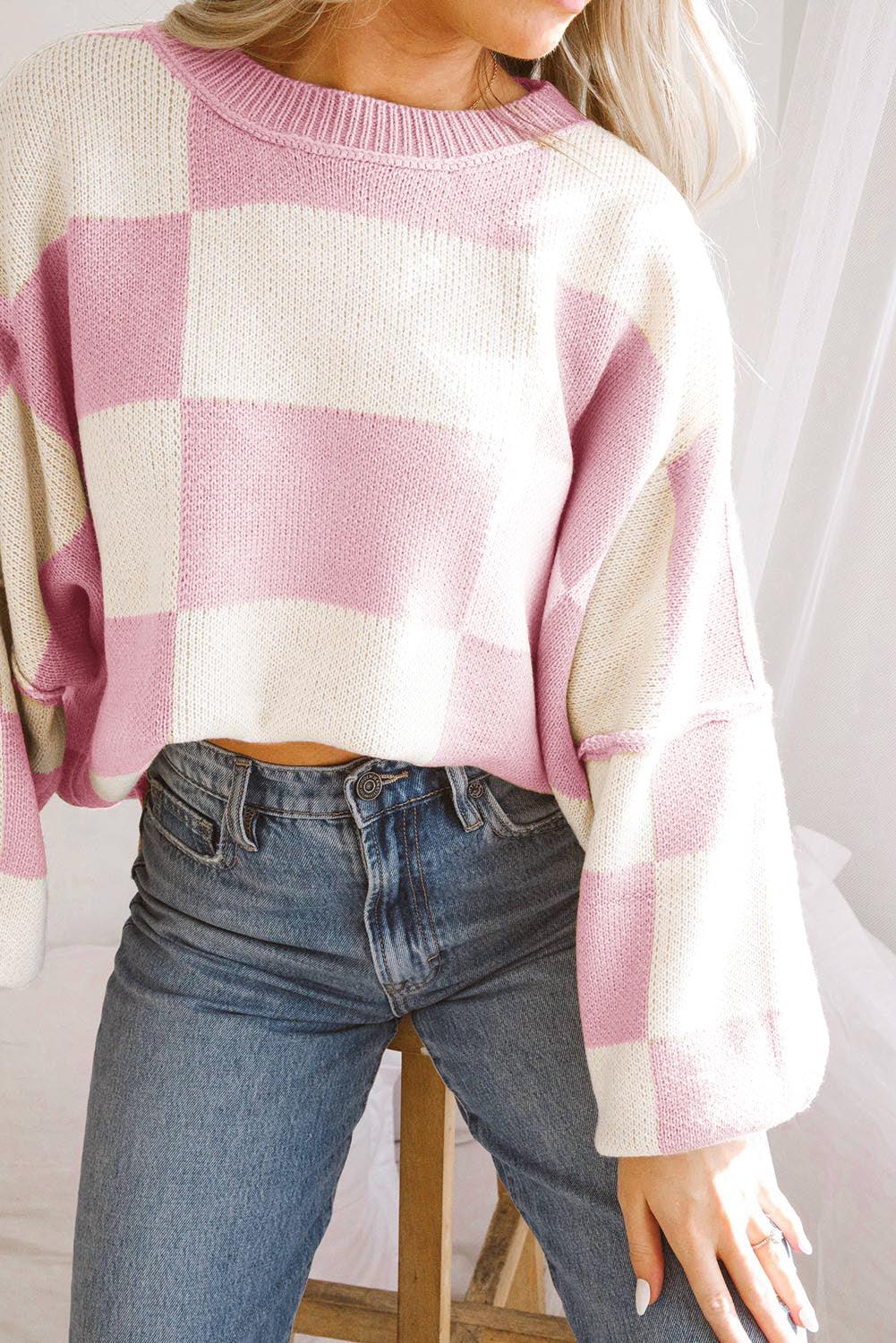 Pink Checkered Bishop Sleeve Sweater - L & M Kee, LLC