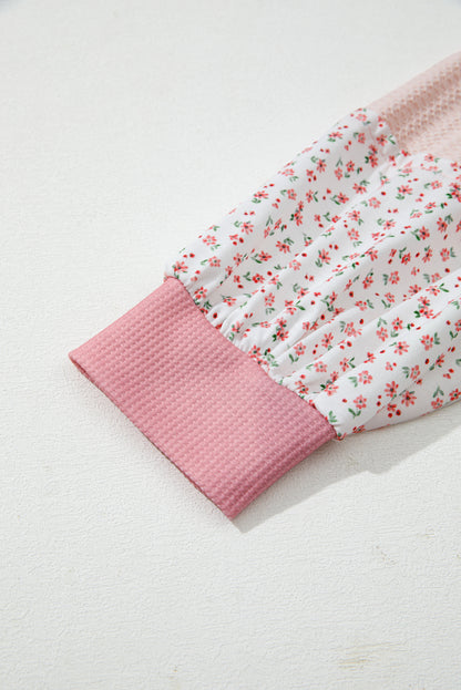 Pink Floral Patched Waffle Textured Colorblock V Neck Casual Hooded Top