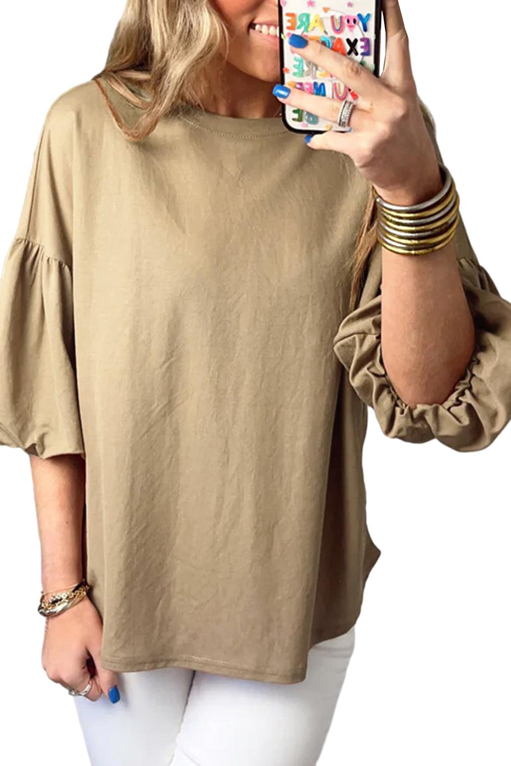 Light French Beige Solid Color Lantern Sleeve Drop Shoulder Blouse - L & M Kee, LLC