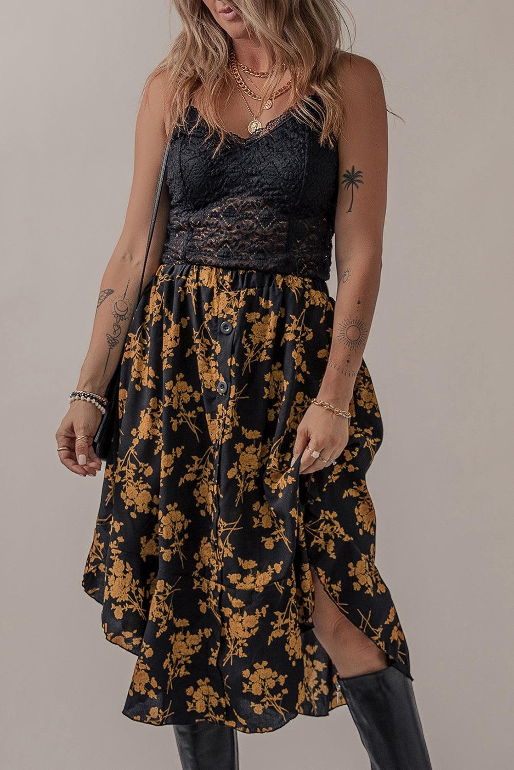 Black Printed Elastic Waist Button Decor Floral Ruffle Skirt - L & M Kee, LLC