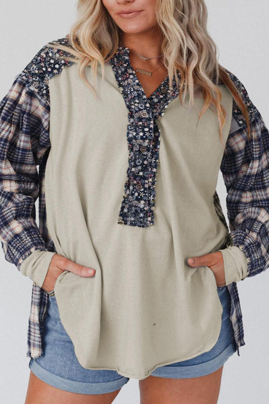 Navy Blue Mixed Print Half Buttons Plus Size Pullover Top - L & M Kee, LLC