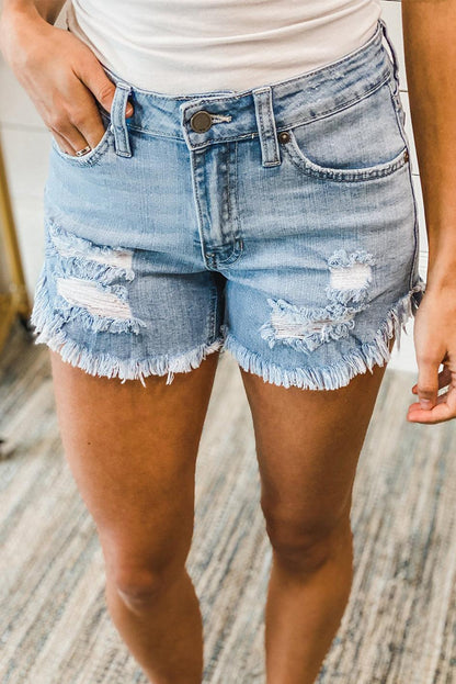 Dark Blue Frayed Hem Denim Shorts - L & M Kee, LLC