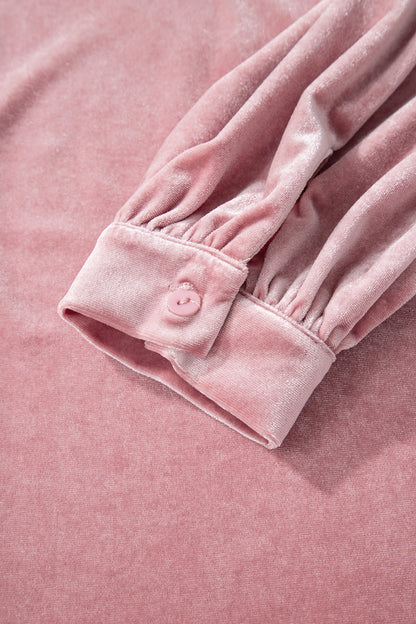 Fushia Solid Color Velvet Ribbon Bow Knot Long Sleeve Blouse