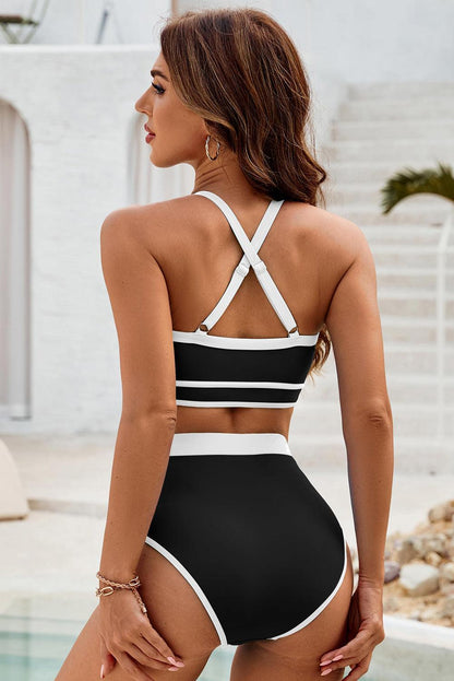 Black Contrast Trim Crisscross Back High Waisted Bikini - L & M Kee, LLC